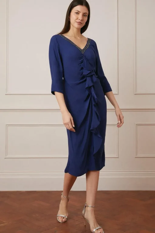 Embellished Viscose Satin Ruffle Midi Dress