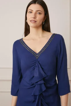 Embellished Viscose Satin Ruffle Midi Dress