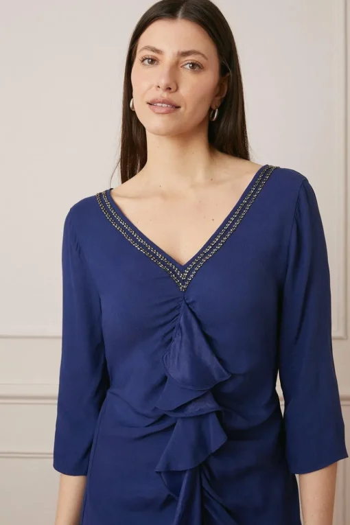 Embellished Viscose Satin Ruffle Midi Dress