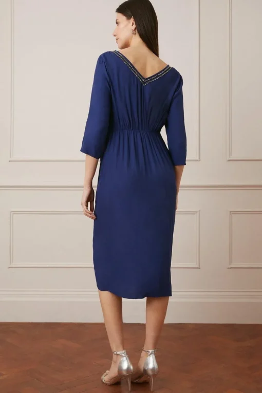 Embellished Viscose Satin Ruffle Midi Dress