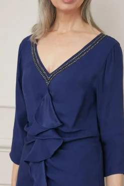 Embellished Viscose Satin Ruffle Midi Dress