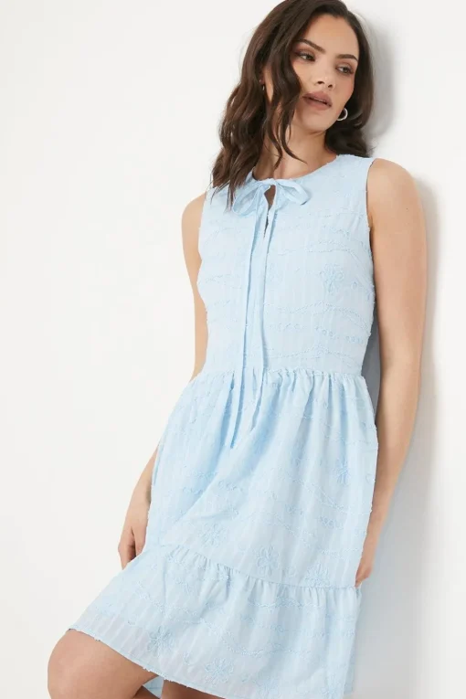 Embroidered Cotton Tie Neckline Tiered Mini Dress