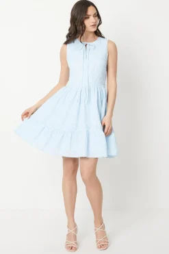 Embroidered Cotton Tie Neckline Tiered Mini Dress