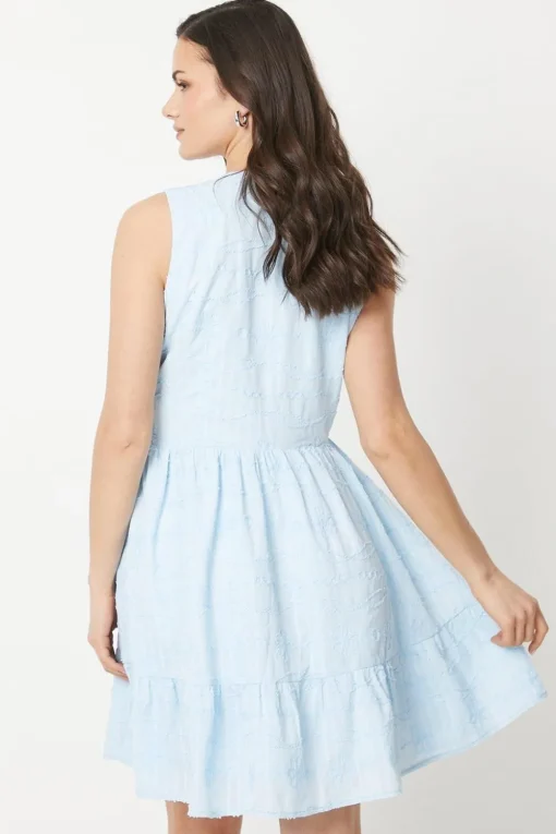 Embroidered Cotton Tie Neckline Tiered Mini Dress