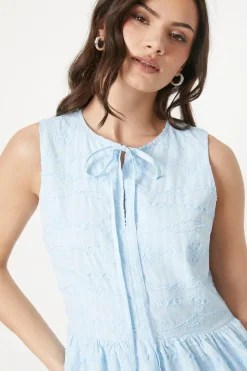 Embroidered Cotton Tie Neckline Tiered Mini Dress