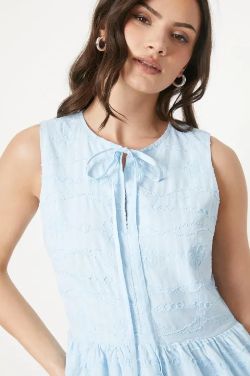 Embroidered Cotton Tie Neckline Tiered Mini Dress