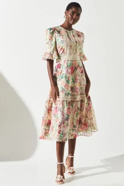 Embroidered Printed Tiered Dress
