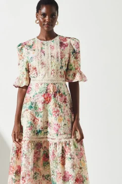 Embroidered Printed Tiered Dress