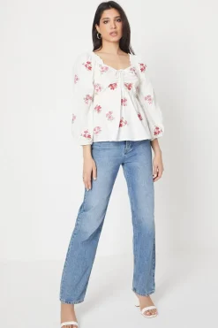 Embroidered Ruched Front Blouse