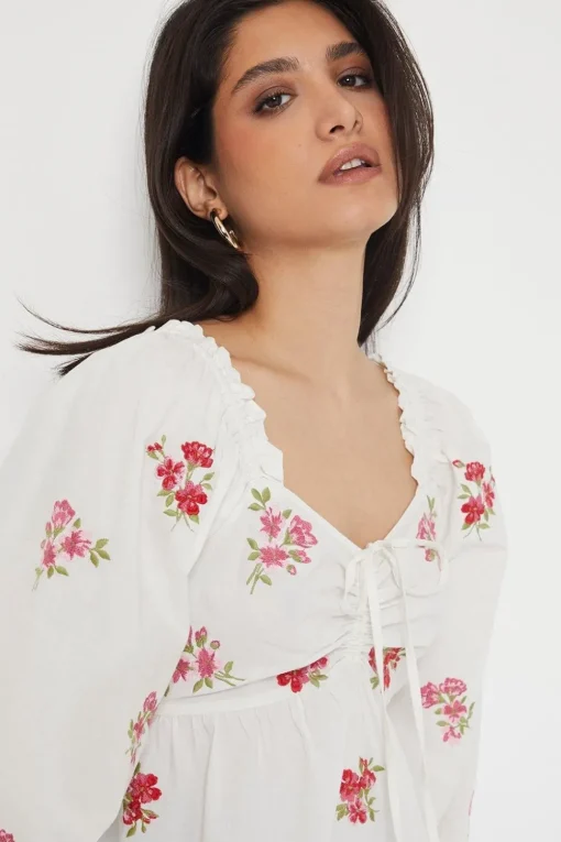 Embroidered Ruched Front Blouse