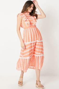 Embroidered Ruffle Detail Tiered Midi Dress
