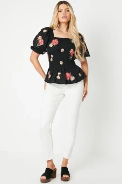 Embroidered Shirred Bodice Blouse