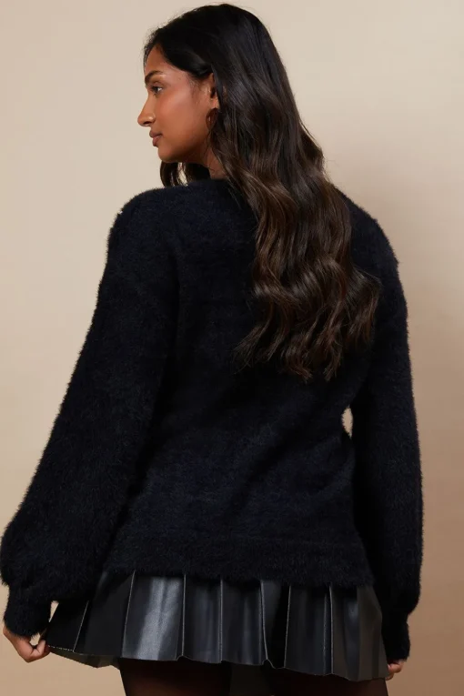 Eyelash Knitted Pearl Embellished V Neck Jumper