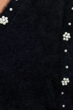 Eyelash Knitted Pearl Embellished V Neck Jumper