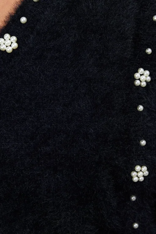 Eyelash Knitted Pearl Embellished V Neck Jumper