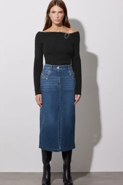 Eyelet Midi Denim Skirt