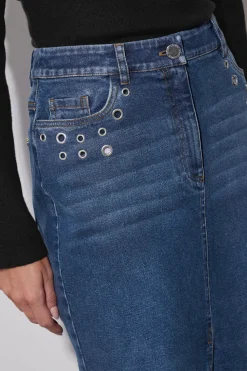 Eyelet Midi Denim Skirt