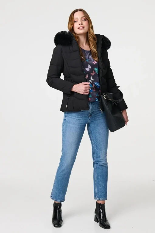 Faux Fur Hooded Zip-Up Puffer Jacket