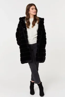 Faux Fur Thigh Length Hooded Jacket