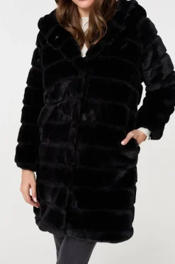 Faux Fur Thigh Length Hooded Jacket