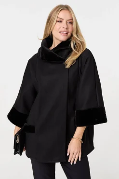 Faux Fur Trim 3/4 Sleeve Cape Coat