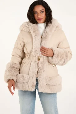 Faux Fur Trim Belted Puffer Coat
