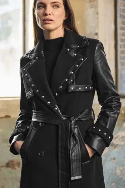 Faux Leather Studded Trench Coat