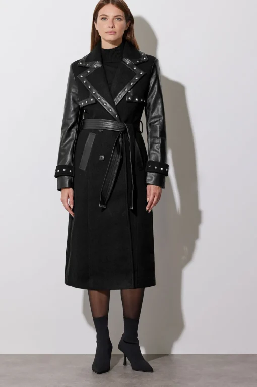 Faux Leather Studded Trench Coat