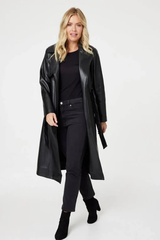 Faux Leather Tie Waist Coat