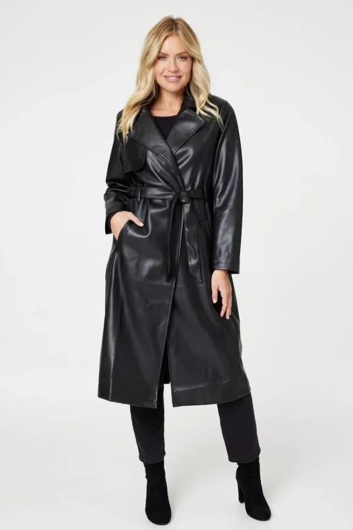Faux Leather Tie Waist Coat