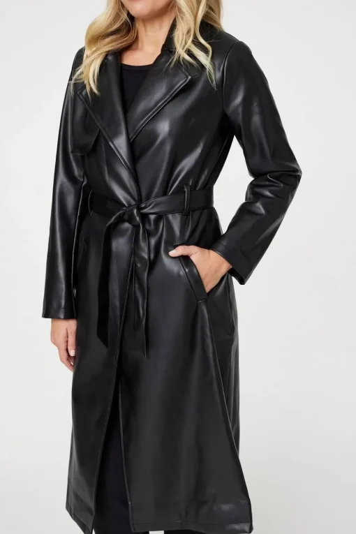 Faux Leather Tie Waist Coat