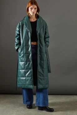 Faux Leather Wrap Belted Padded Coat