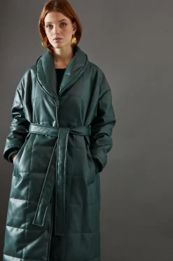 Faux Leather Wrap Belted Padded Coat