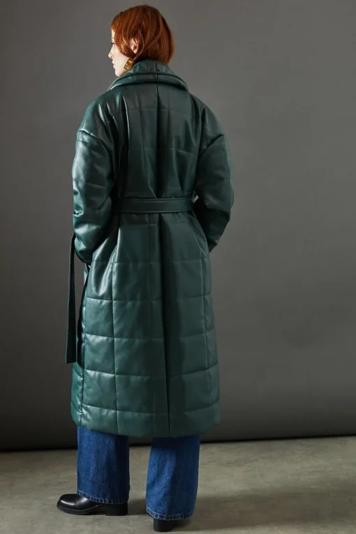 Faux Leather Wrap Belted Padded Coat
