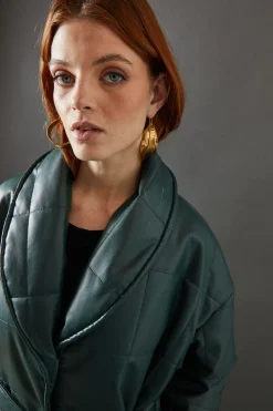 Faux Leather Wrap Belted Padded Coat