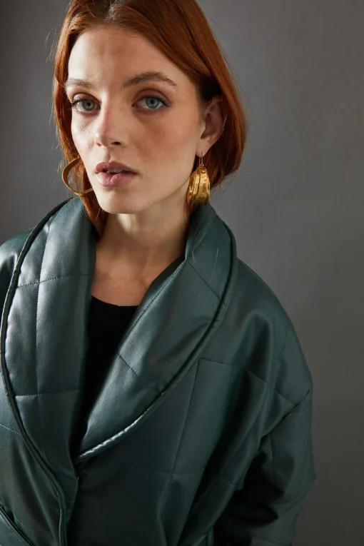 Faux Leather Wrap Belted Padded Coat
