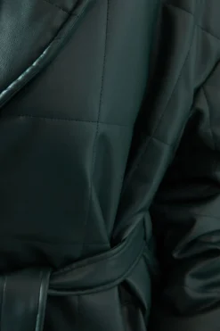 Faux Leather Wrap Belted Padded Coat