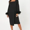 Feather Cuff Long Sleeve Pencil Dress