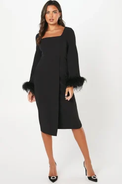 Feather Cuff Long Sleeve Pencil Dress