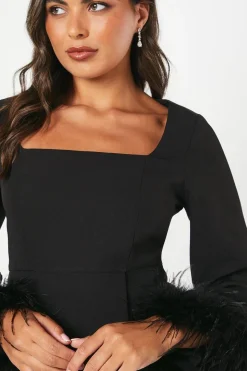 Feather Cuff Long Sleeve Pencil Dress