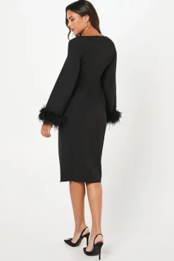 Feather Cuff Long Sleeve Pencil Dress
