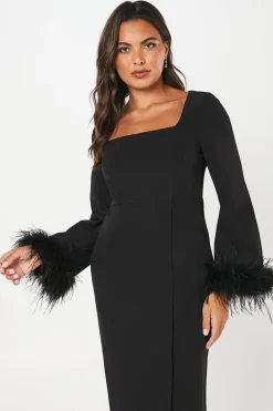 Feather Cuff Long Sleeve Pencil Dress