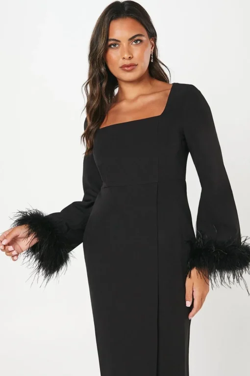 Feather Cuff Long Sleeve Pencil Dress