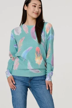 Feather Print Diamante Detail Jumper