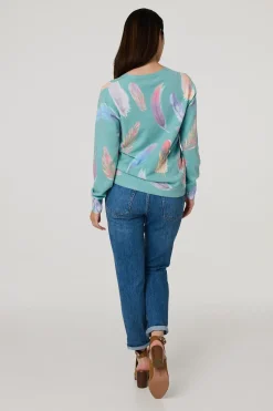Feather Print Diamante Detail Jumper