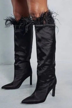 Feather Trim Knee High Heeled Boots