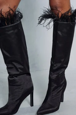 Feather Trim Knee High Heeled Boots