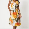 Fixed Wrap Ruffle Sleeve Jacquard Midi Dress