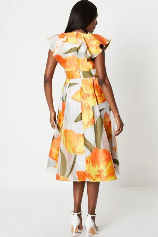 Fixed Wrap Ruffle Sleeve Jacquard Midi Dress