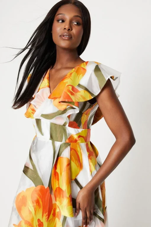 Fixed Wrap Ruffle Sleeve Jacquard Midi Dress